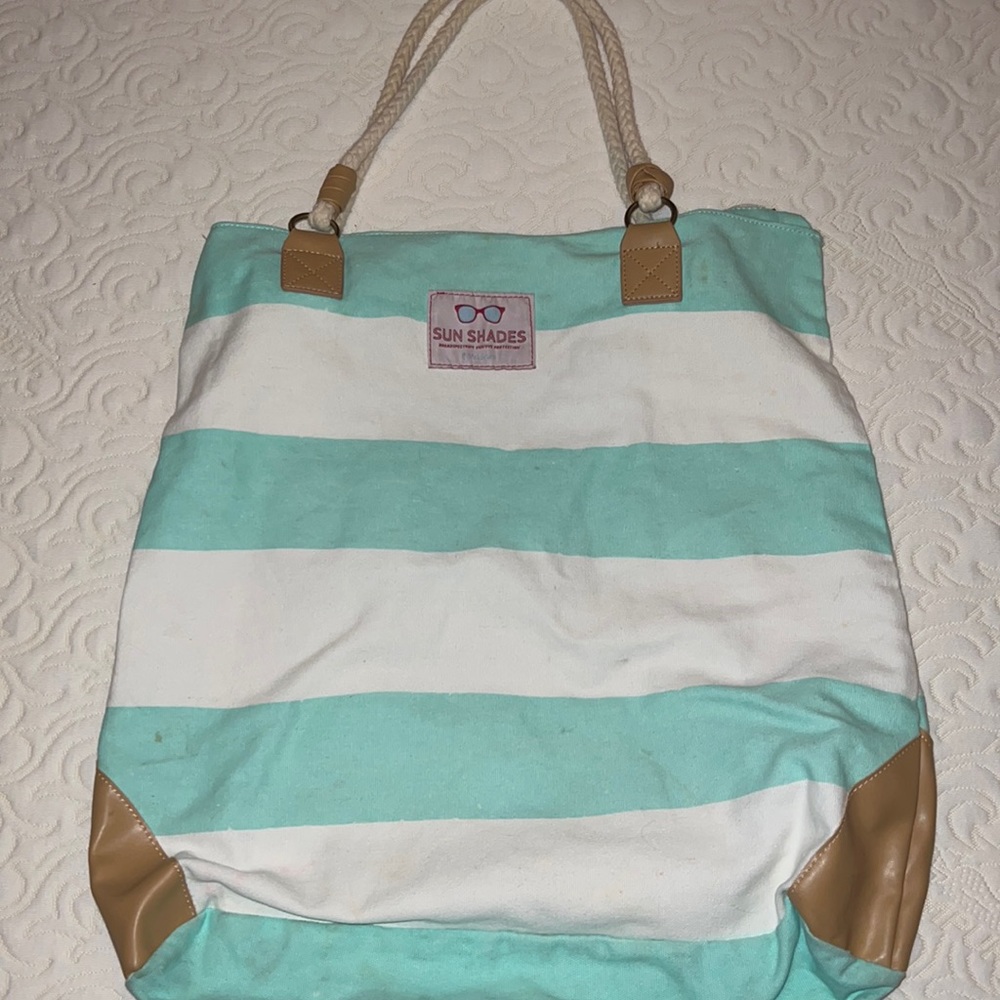 Seafoam Green White Striped Canvas Convertible Beach Bag